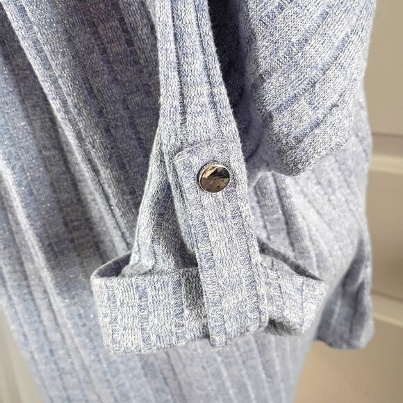 Cocomo Blue and Silver V Neck Swing Sweater Ribbed Button Up Roll Tab Sleeve L - Picture 7 of 9